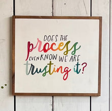 Load image into Gallery viewer, 15x17 NEW “does the process even know we are trusting it?” hand-painted sign
