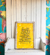 Load image into Gallery viewer, 28x39 NEW “ faith as small as a mustard seed can move mountains” hand-painted sign in reclaimed window frame.
